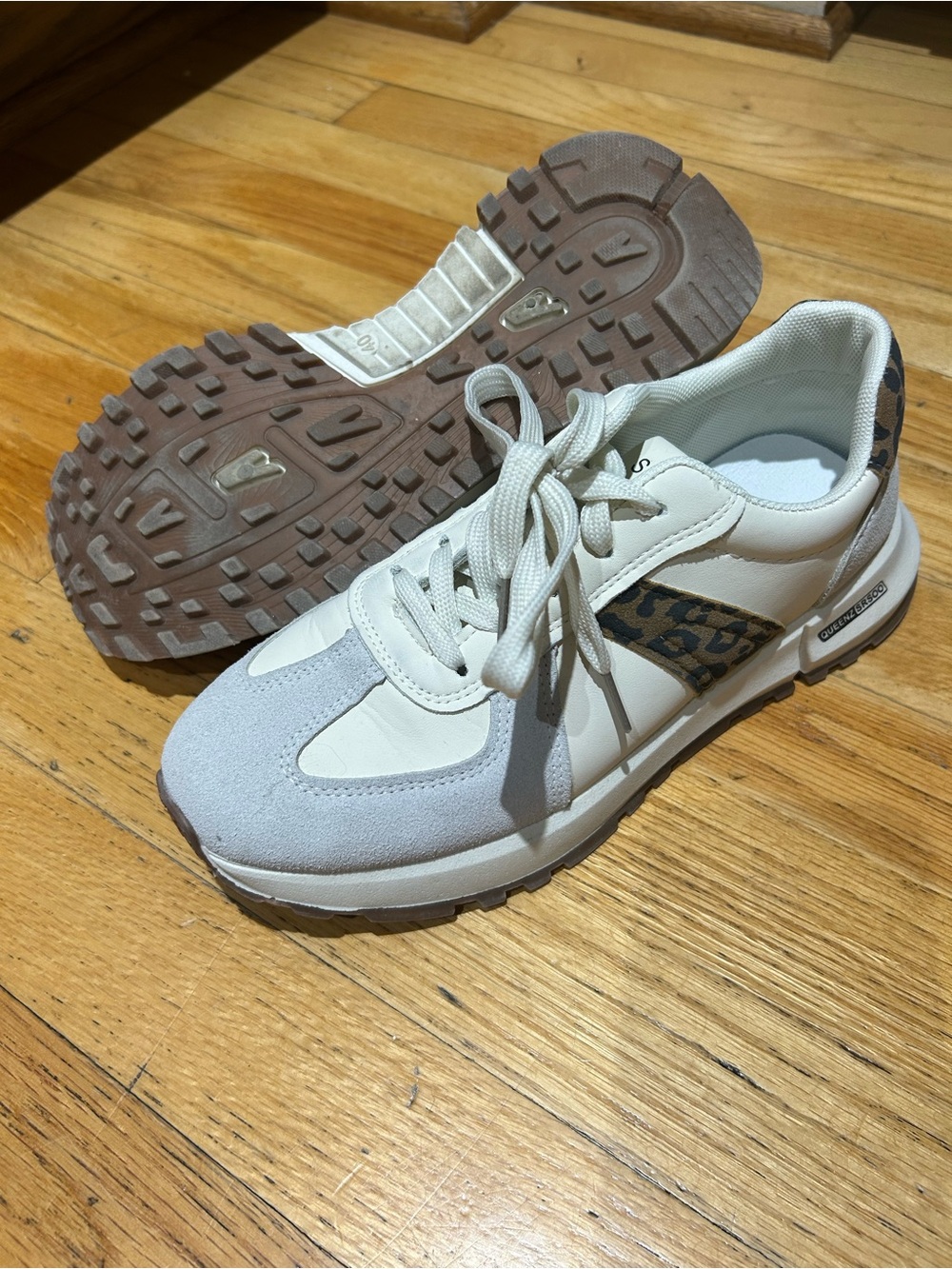SHEIN White and Light Gray Women's Sneakers with Leopard Accent